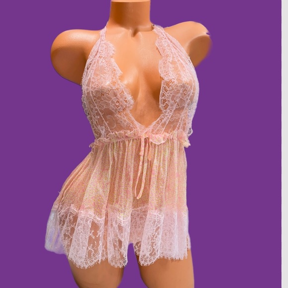 Victoria’s Secret Designer Collection babydoll sexy sheer mesh lace pink peach S